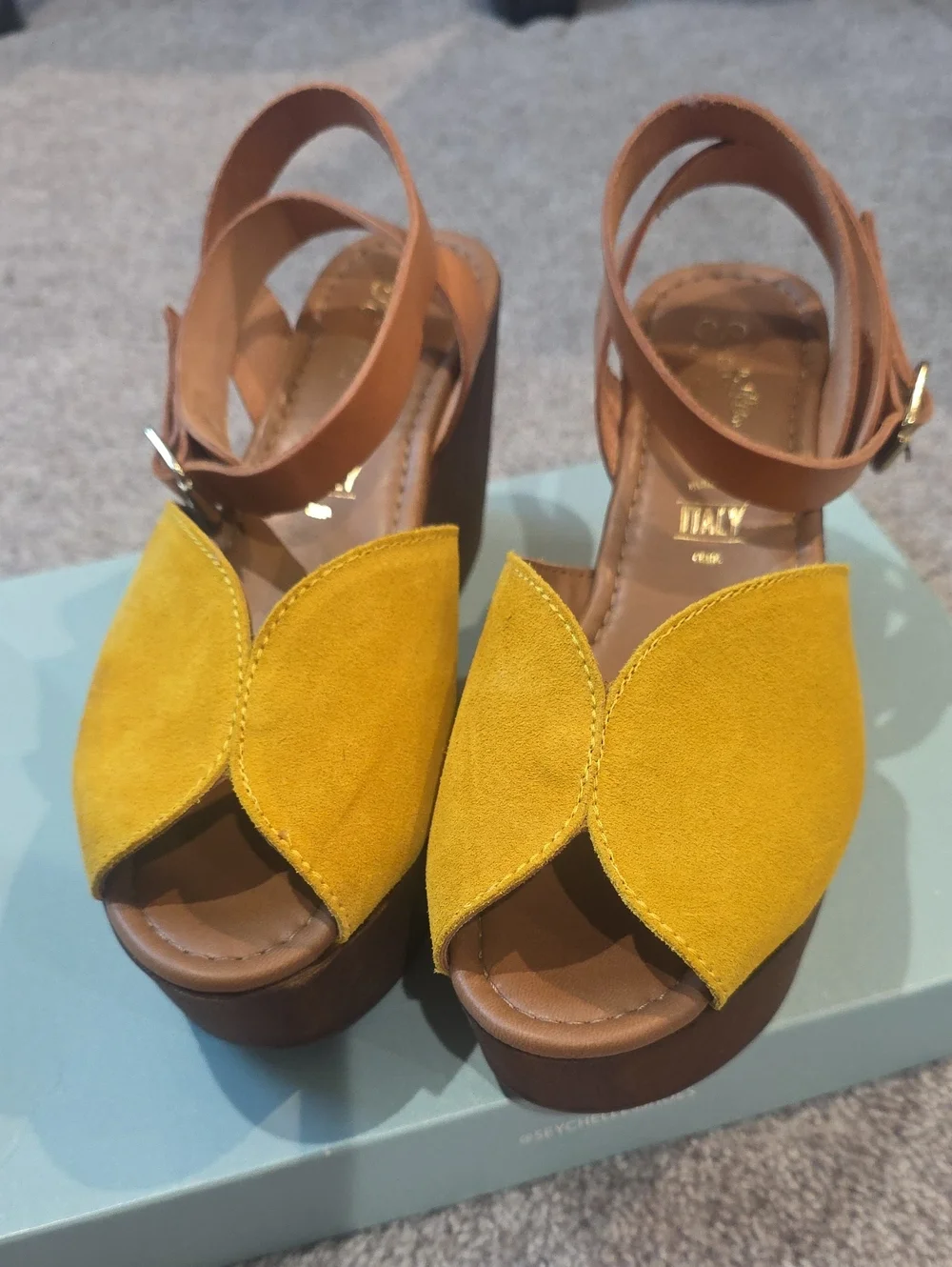 Seychelles Laugh More Yellow Suede Platform Sandals with Ankle Strap